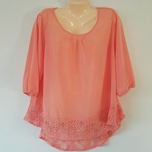 Zenobia Peach Hi-Lo Lace Trimmed Blouse 2X